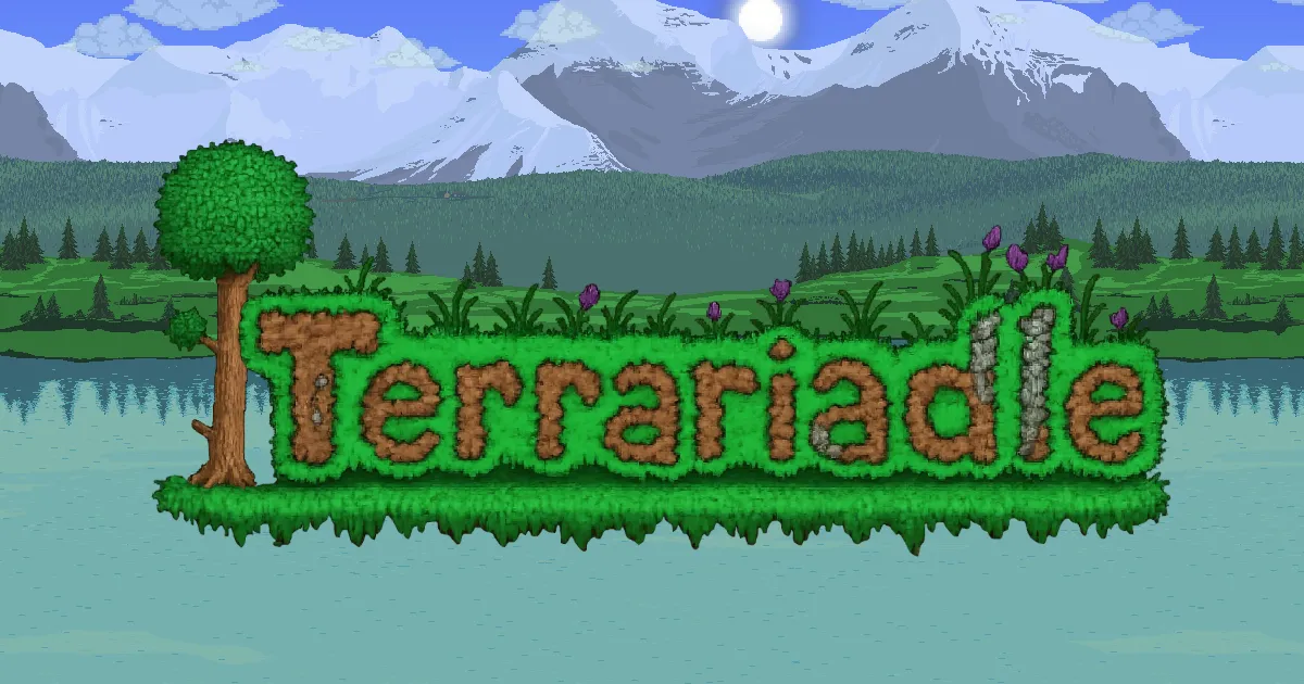 The Terrariadle logo in grass and dirt lettering with a tree, in front of Terraria's mountains and lake