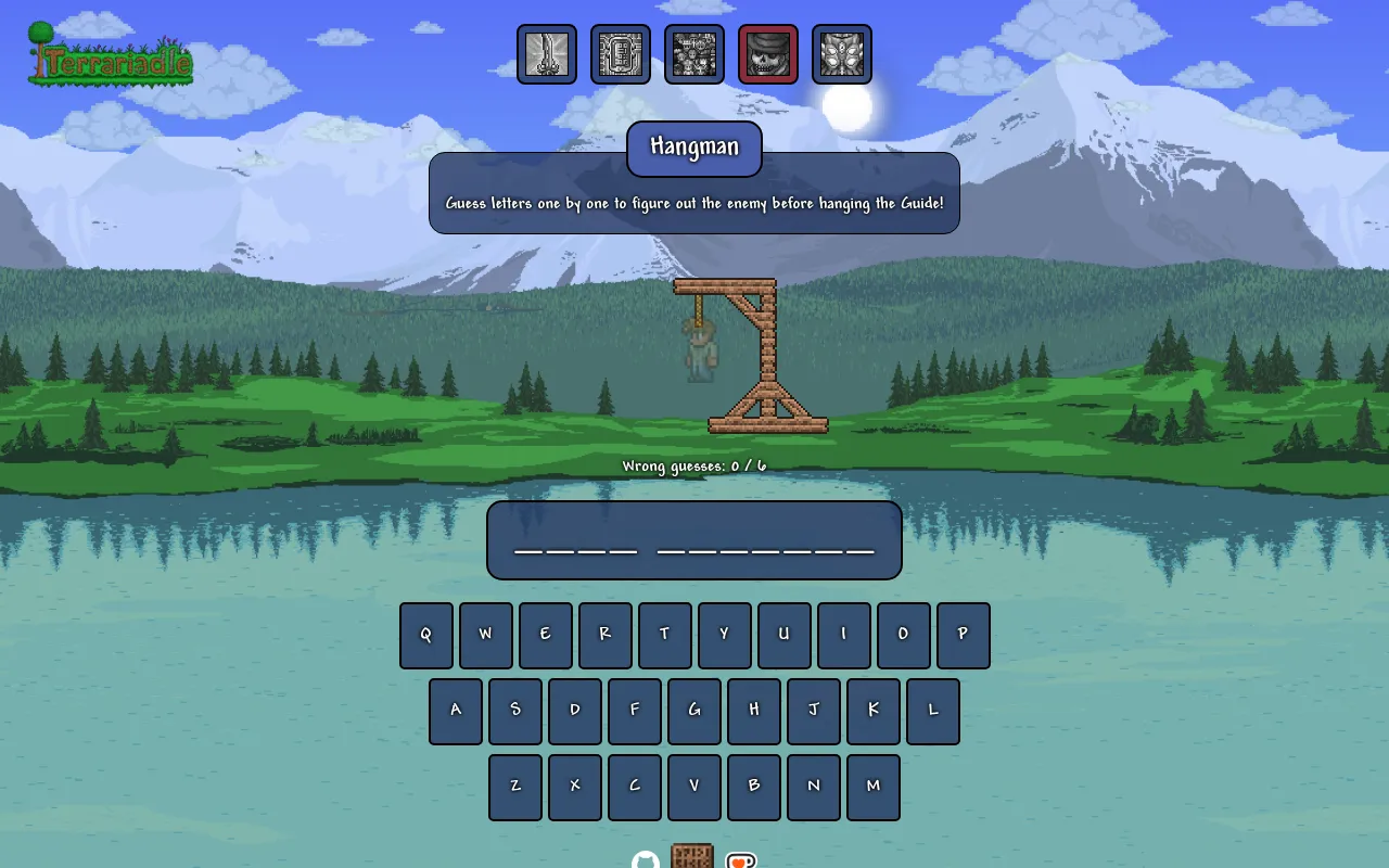 Terrariadle Hangman: a wooden gallows with the Guide, blank letter spaces for an enemy's name and an on-screen keyboard
