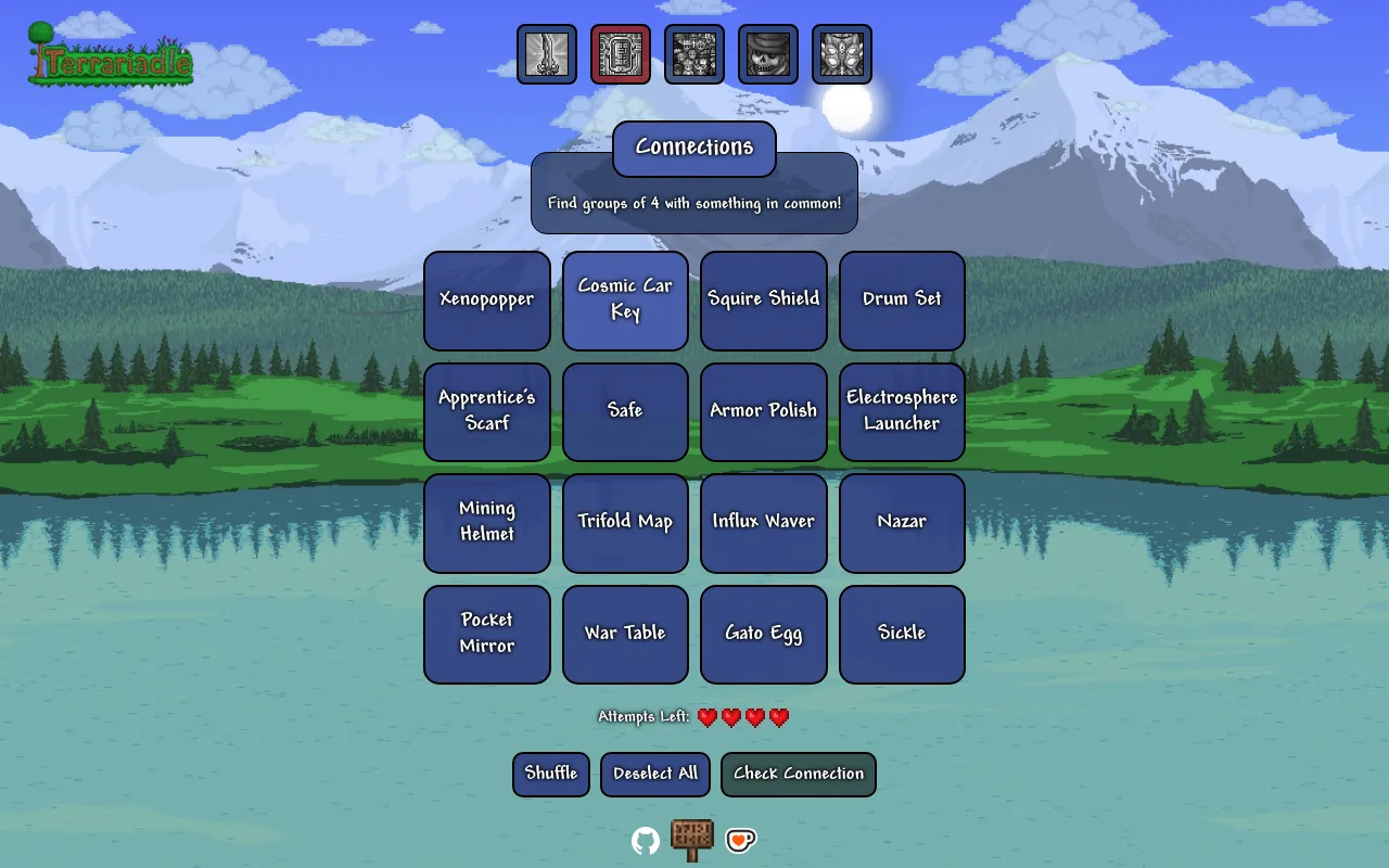 Terrariadle's Terraria Connections board: sixteen tiles such as Xenopopper, Cosmic Car Key, Squire Shield and Drum Set over a Terraria landscape, with four hearts for attempts left