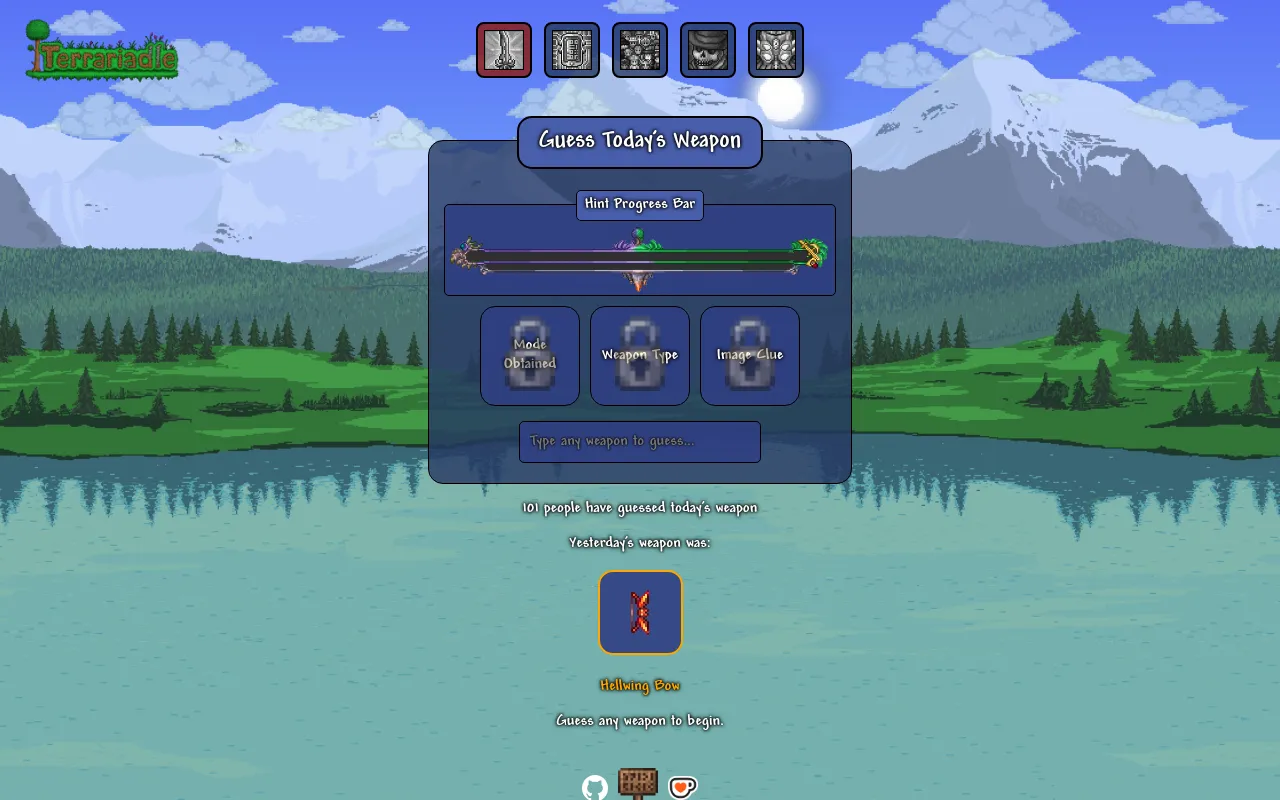 The Terrariadle Daily Slash page: Guess Today's Weapon with a hint progress bar, three locked hints and a weapon search box, above yesterday's weapon, the Hellwing Bow