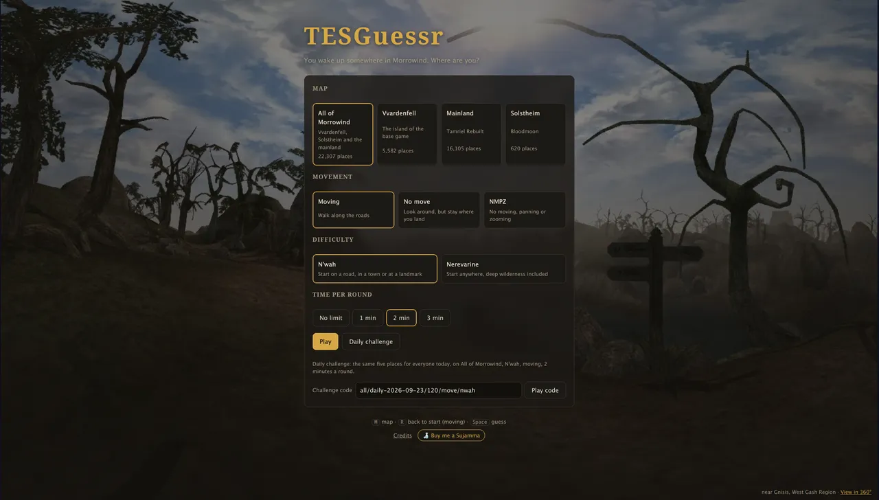 The TESGuessr menu with map, movement, difficulty and time options and the Daily challenge button