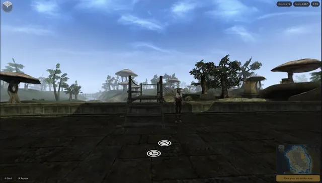 A TESGuessr panorama inside a Morrowind town with giant mushroom houses, a minimap in the corner
