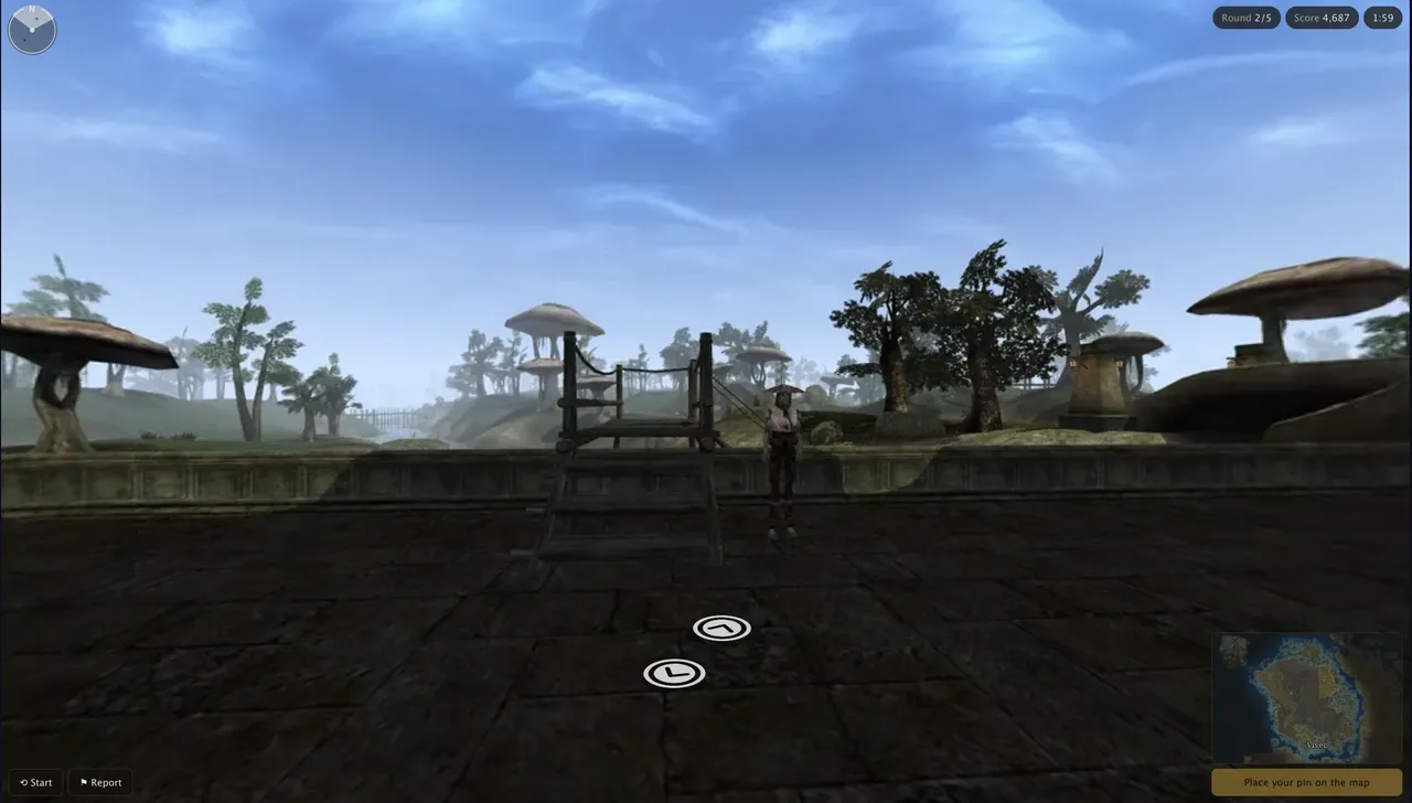 A TESGuessr panorama inside a Morrowind town with giant mushroom houses, a minimap in the corner