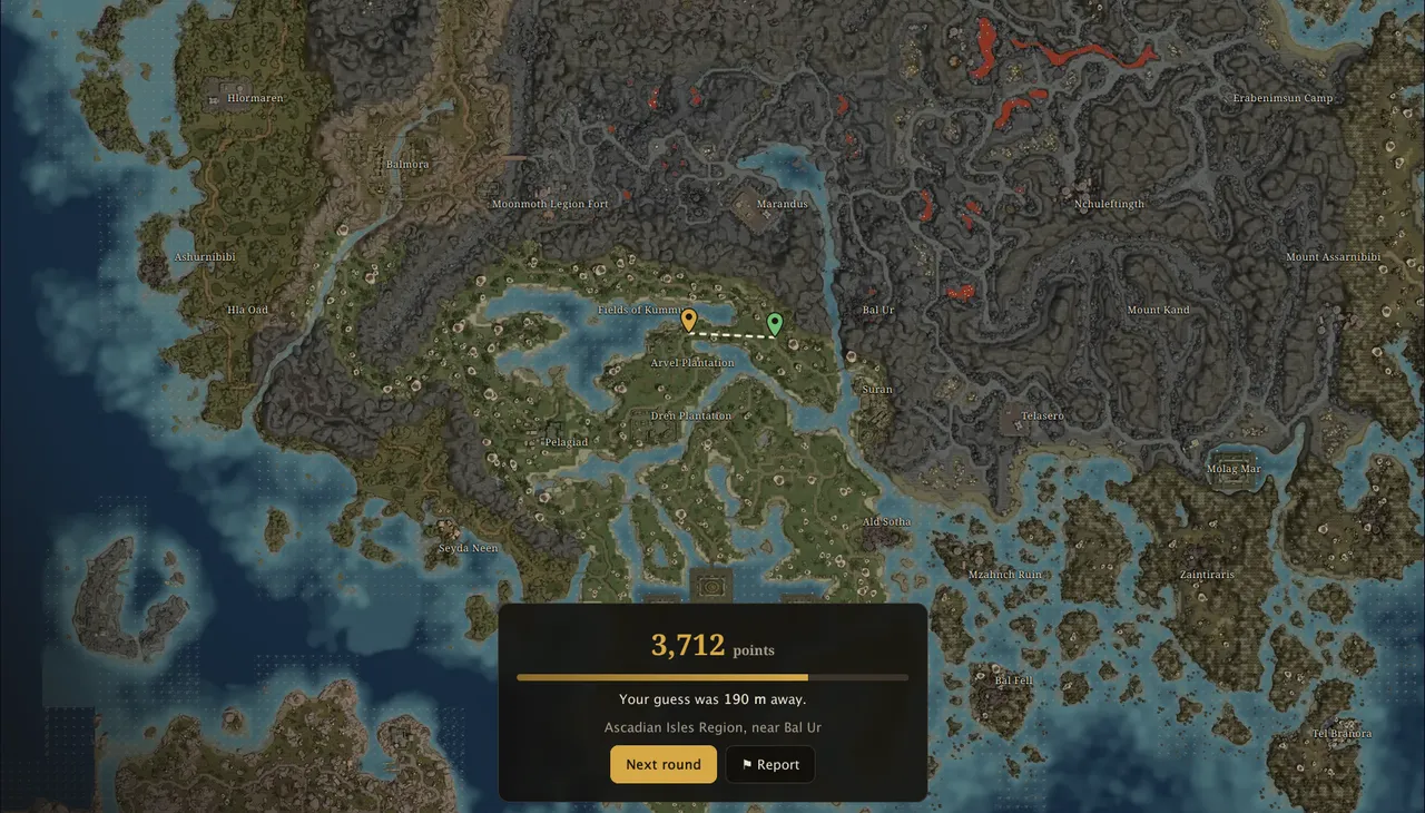 The TESGuessr map after a guess: 3,712 points, 190 m away, in the Ascadian Isles Region near Bal Ur