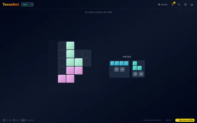 Tessellot's Easy puzzle for Thursday, October 29, 2026, being played: an L and an S piece placed in the outlined shape, a straight four and a small L left in the tray, 2 moves