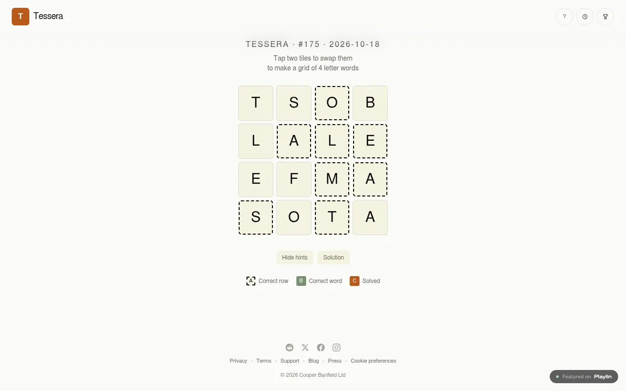 Tessera #175 for 2026-10-18: a 4 by 4 grid of letter tiles with hint outlines, Hide hints and Solution buttons below