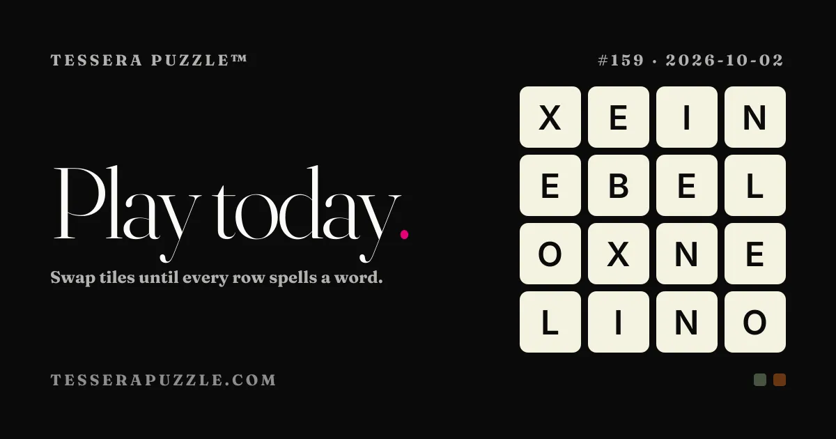 Tessera puzzle #159: a 4 by 4 grid of scrambled letter tiles