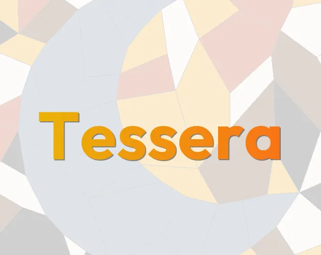 Tessera's own cover art from its itch.io page: the orange Tessera title over pale stained glass panes in grey, cream and pink