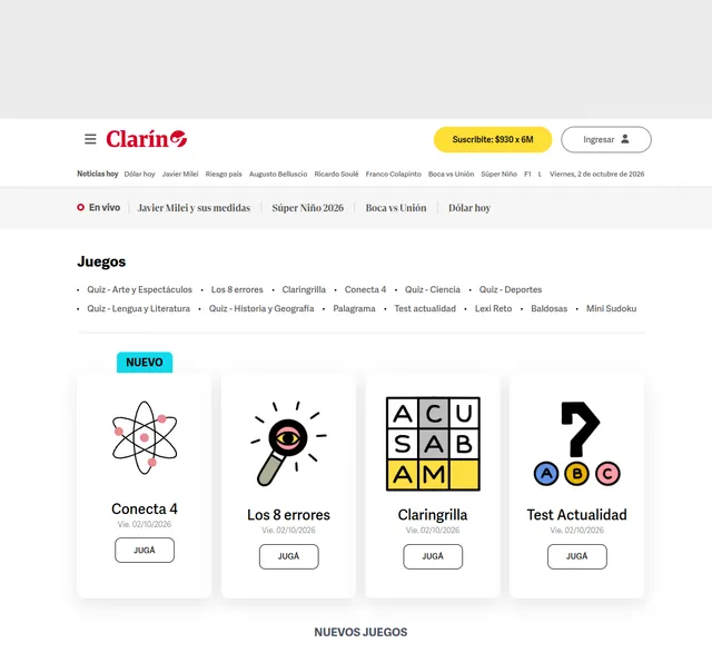 Clarín's Juegos page with dated cards for Conecta 4, Los 8 errores, Claringrilla and Test Actualidad, whose icon is a question mark over answers A, B and C