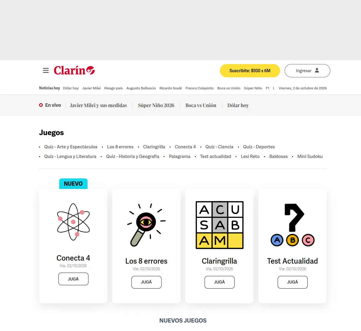 Clarín's Juegos page with dated cards for Conecta 4, Los 8 errores, Claringrilla and Test Actualidad, whose icon is a question mark over answers A, B and C