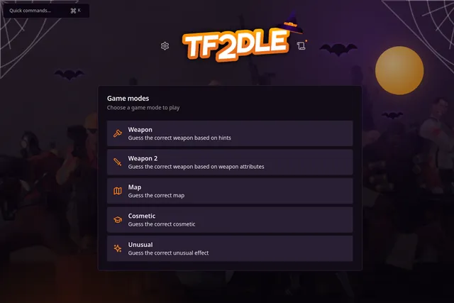 The TF2DLE game modes menu: Weapon, Weapon 2, Map, Cosmetic and Unusual, over a dark Team Fortress 2 backdrop with Halloween bats and moon
