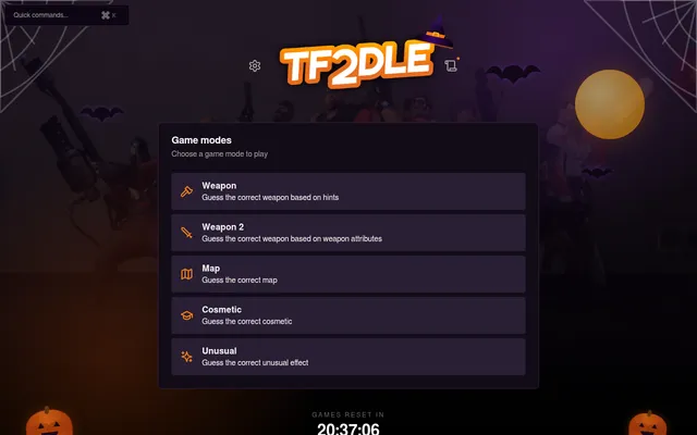 The TF2DLE game modes menu: Weapon, Weapon 2, Map, Cosmetic and Unusual, under the TF2DLE logo with a witch hat, over a dark Team Fortress 2 backdrop with bats, a moon and pumpkins and a games reset c