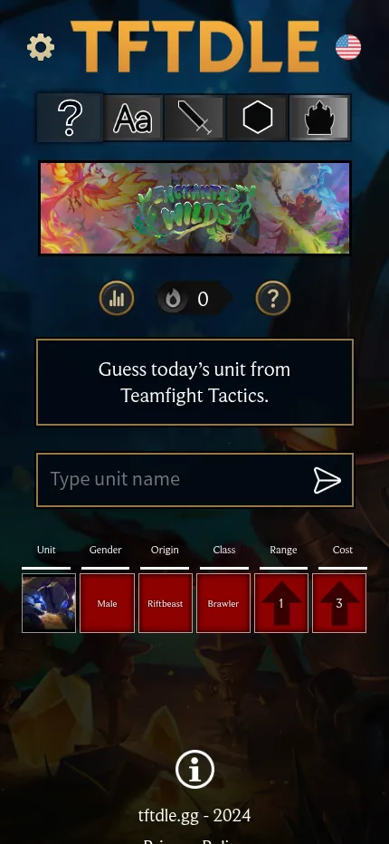 Tftdle Classic mode on a phone: the Set 18 banner, the guess box and one guess, Krug, with red Male, Riftbeast and Brawler squares and up arrows on range and cost