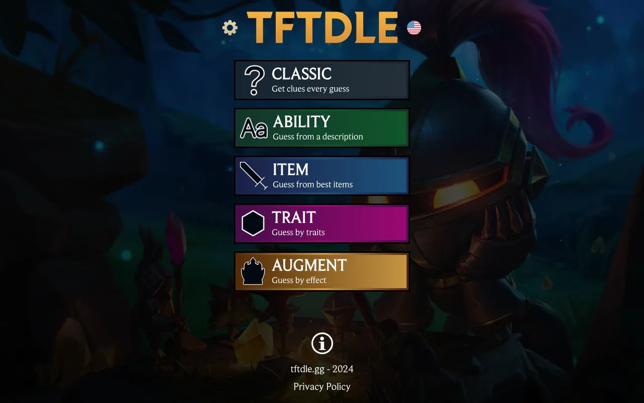 The Tftdle home screen over Teamfight Tactics artwork, with its five daily modes: Classic, Ability, Item, Trait and Augment