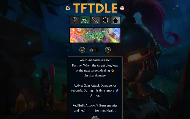 Tftdle Ability mode: Which unit has this ability?, today's ability text (a passive leap on kill, an active Attack Damage boost that ignores Armor, and a Red Buff burn) under the set banner and the fiv