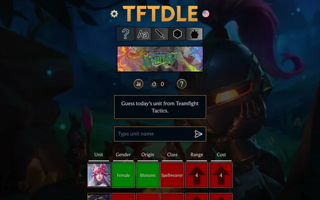 Tftdle Classic mode on a desktop with today's guesses: Ahri's row shows green Female and Blossom squares, a red Spellweaver class and up arrows on range 4 and cost 4