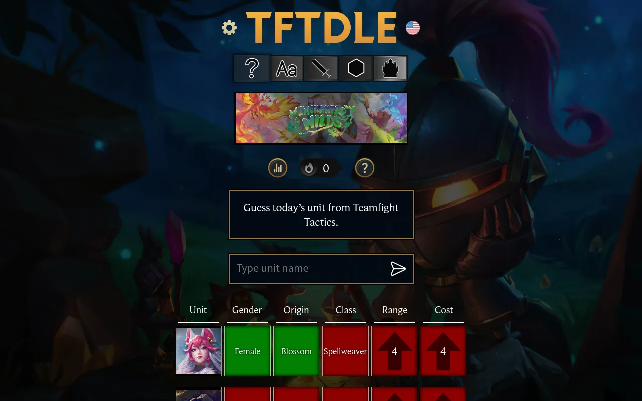 Tftdle Classic mode on a desktop with today's guesses: Ahri's row shows green Female and Blossom squares, a red Spellweaver class and up arrows on range 4 and cost 4