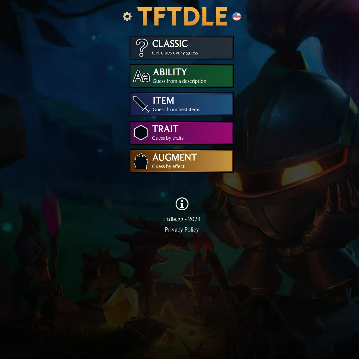 The Tftdle home screen over a Teamfight Tactics artwork background, with five mode buttons: Classic (get clues every guess), Ability (guess from a description), Item (guess from best items), Trait (gu