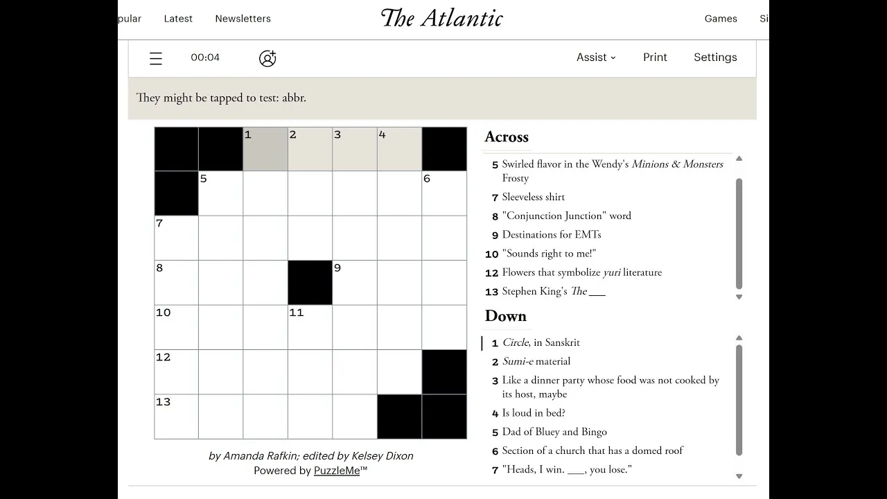 A smaller early-week Atlantic Crossword grid of 7 by 7 squares, with its clues on the right and the timer and Assist menu above