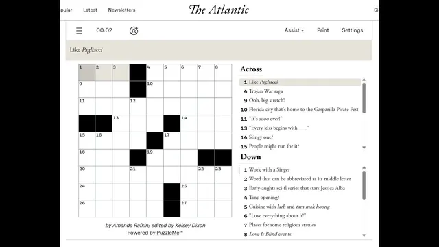 The Atlantic Crossword for 2 October 2026 in the browser: an empty 9 by 9 grid beside Across and Down clue lists, with the timer and Assist menu above