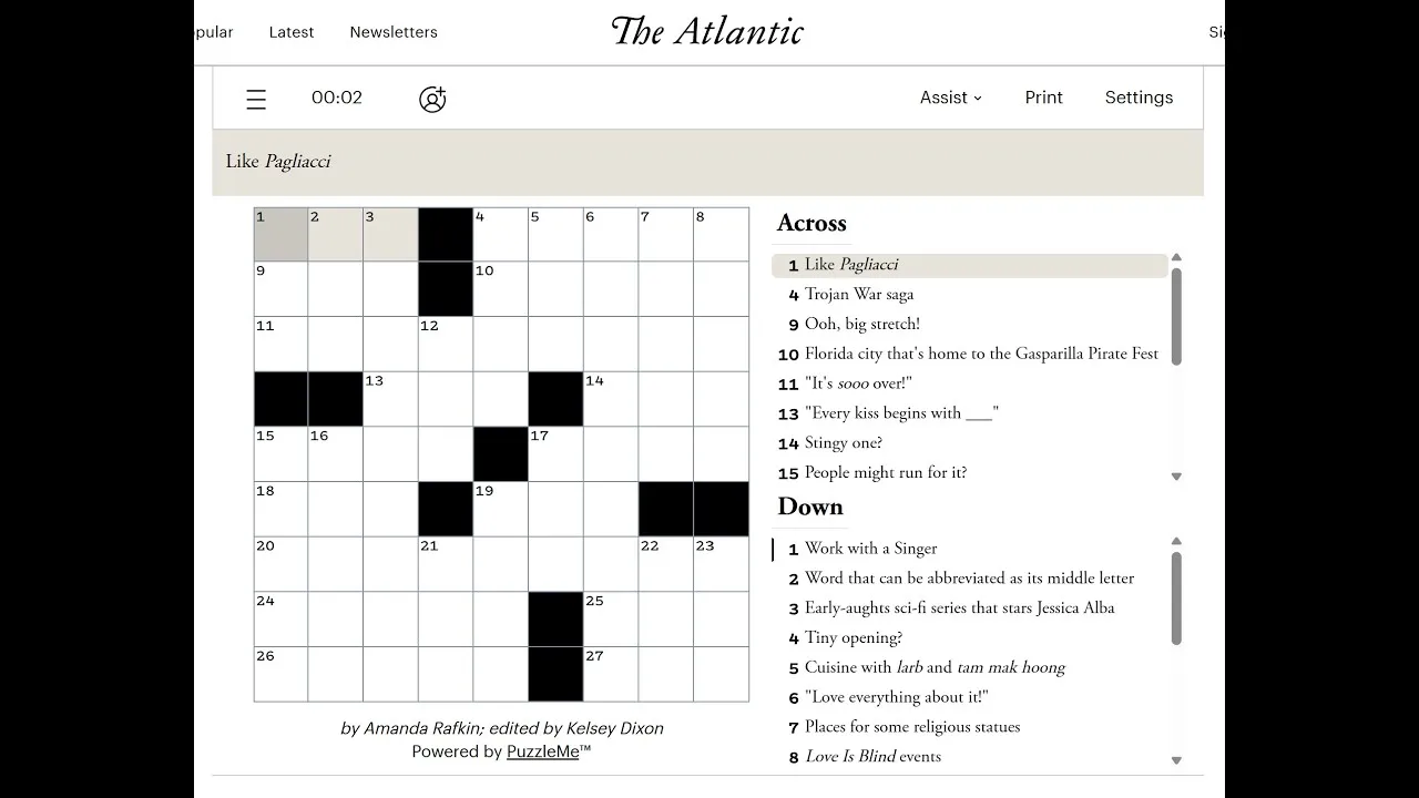 The Atlantic Crossword for 2 October 2026 in the browser: an empty 9 by 9 grid beside Across and Down clue lists, with the timer and Assist menu above