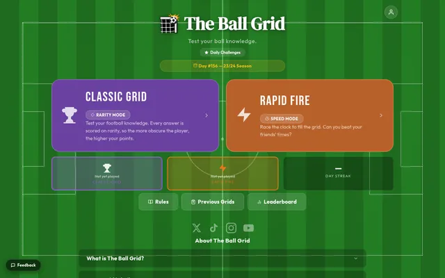 The Ball Grid home screen on a football pitch background: the title with a goal-net logo, Day #156 for the 23/24 season, Classic Grid and Rapid Fire mode cards, a day streak box and Rules, Previous Gr