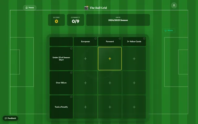 The Ball Grid Classic Grid for the 2024/2025 season: a 3x3 board with columns European, Forward and 3+ Yellow Cards and rows Under 25 at Season Start, Over 185cm and Took a Penalty, score 0 and 0/9 co