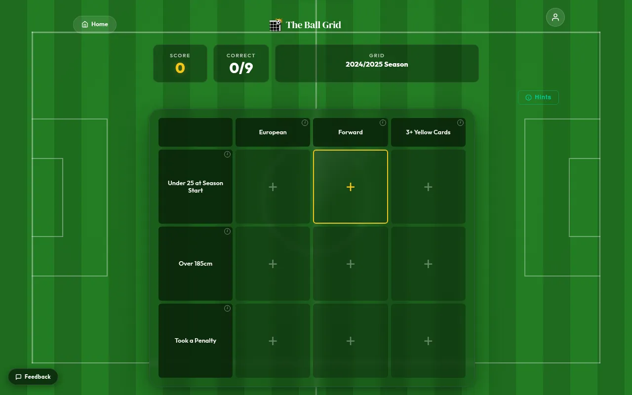 The Ball Grid Classic Grid for the 2024/2025 season: a 3x3 board with columns European, Forward and 3+ Yellow Cards and rows Under 25 at Season Start, Over 185cm and Took a Penalty, score 0 and 0/9 co