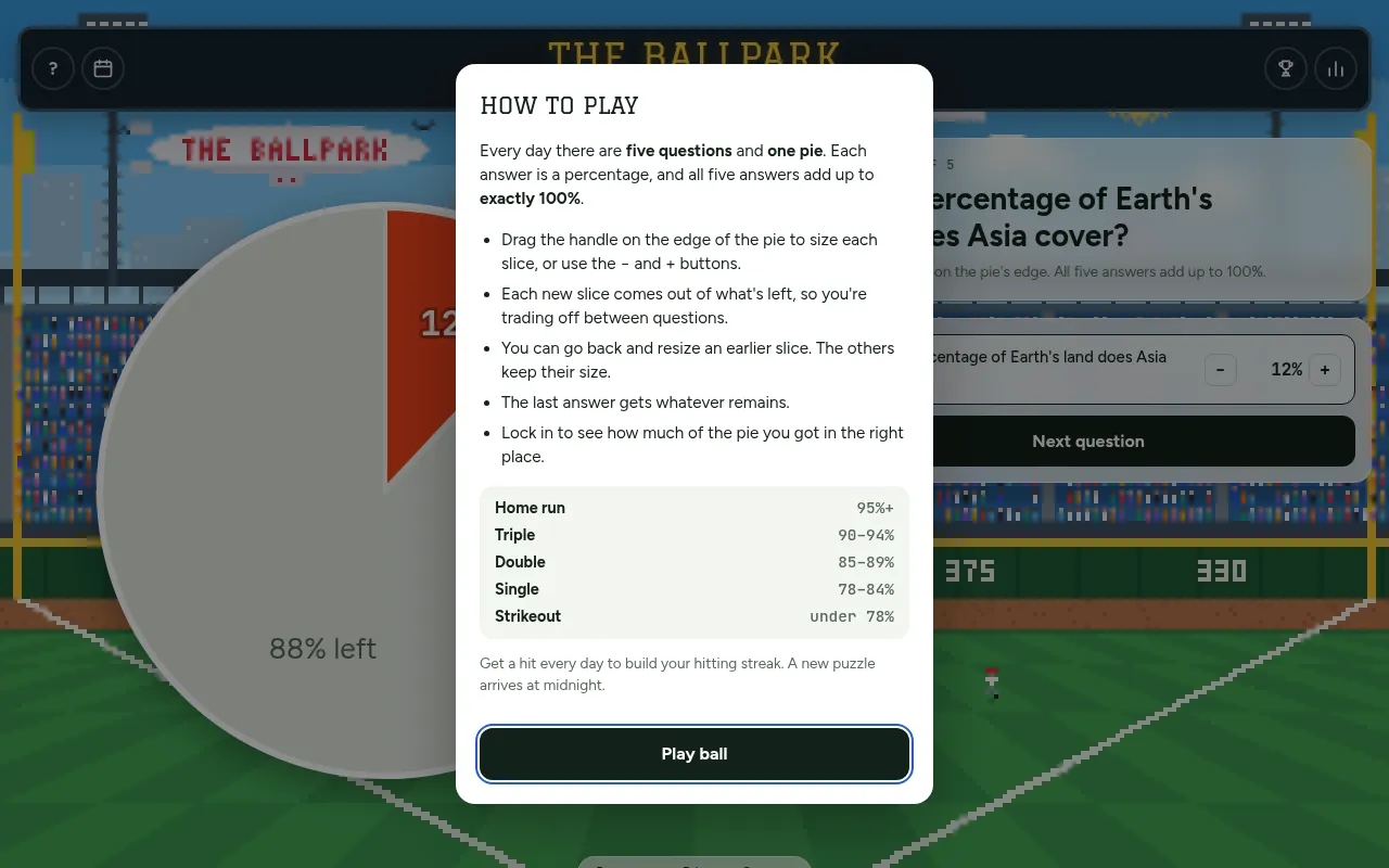 The Ballpark's How to play card: five questions and one pie adding up to 100%, and the hit scale from Home run at 95% down to Strikeout under 78%