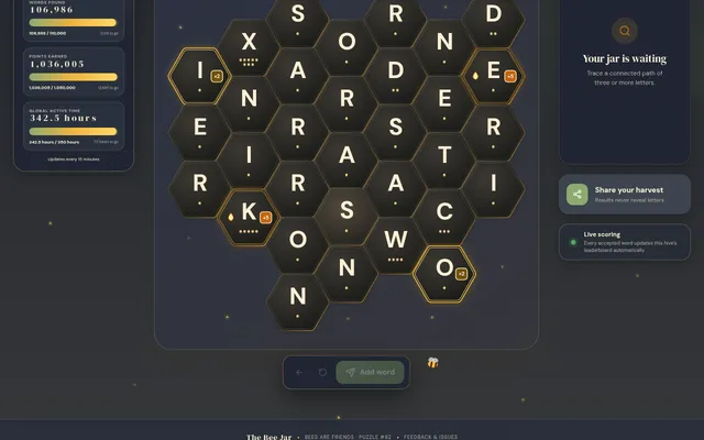 The Bee Jar puzzle #82: a honeycomb of hexagonal letter tiles with bonus tiles marked x2 and +5, beside global progress counters