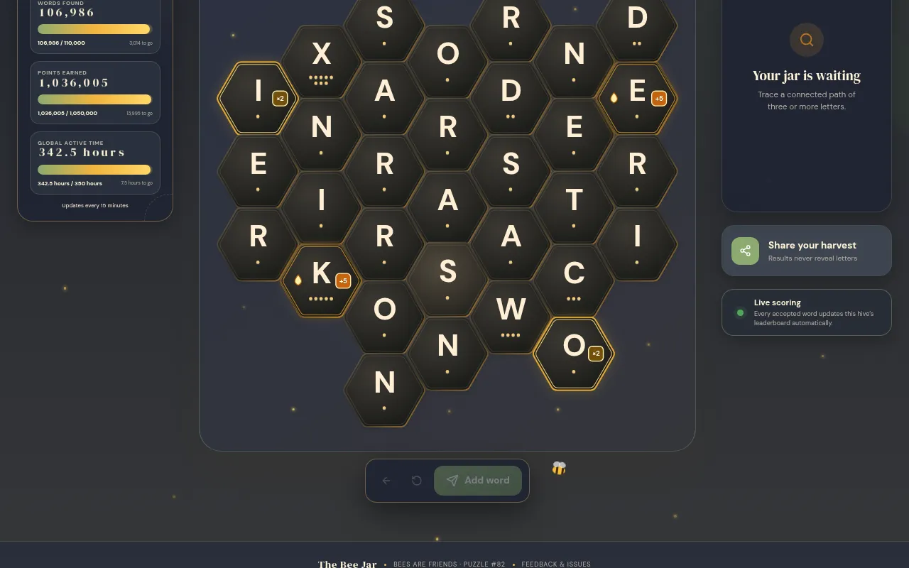 The Bee Jar puzzle #82: a honeycomb of hexagonal letter tiles with bonus tiles marked x2 and +5, beside global progress counters