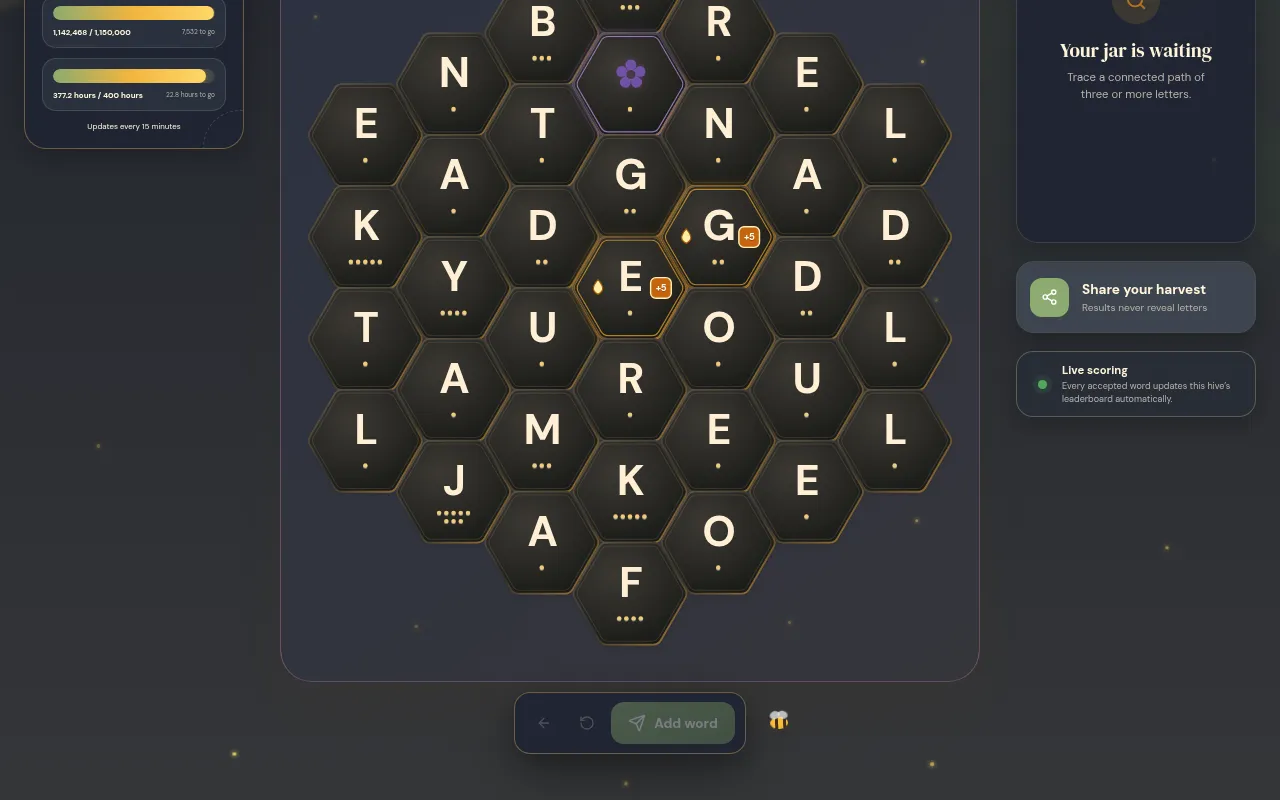The Bee Jar Queen Hive puzzle #94 of 18 October 2026: a honeycomb of hexagonal letter tiles with two +5 bonus tiles, above the Add word bar