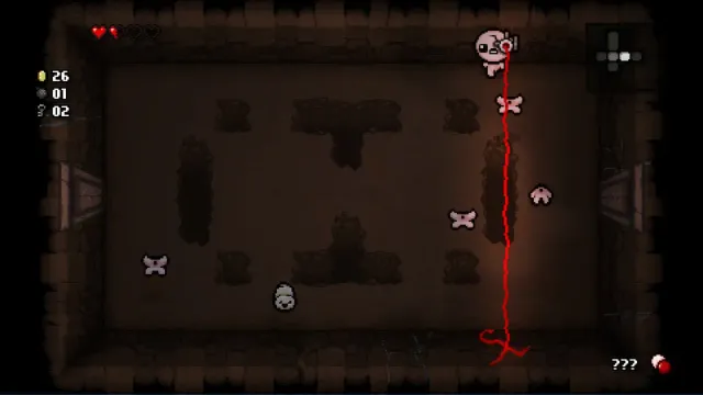 Isaac firing a red blood laser down a brown basement room scattered with rocks and pale enemies, with hearts, coins, bombs, keys and the minimap shown