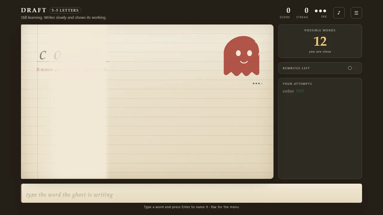 The Blank Page: a red ghost erases a guess from the page while the counter shows twelve possible words