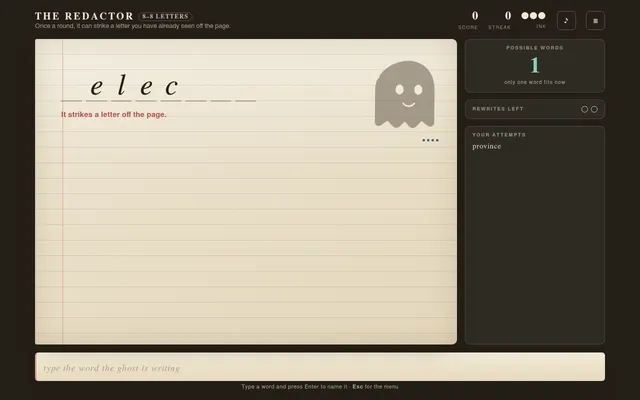 Daily Page of 30 October 2026 in The Blank Page: The Redactor ghost has written e l e c on an eight-letter line, struck a letter, and the guess province is listed beside a counter of one word