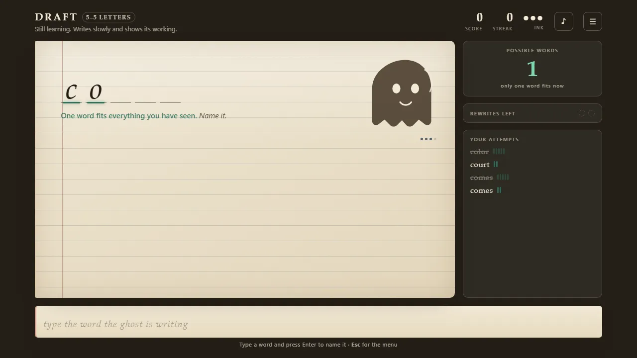 The Blank Page in play: the ghost has written C O on a lined page, the counter shows one possible word left, and past attempts color, court and comes are listed