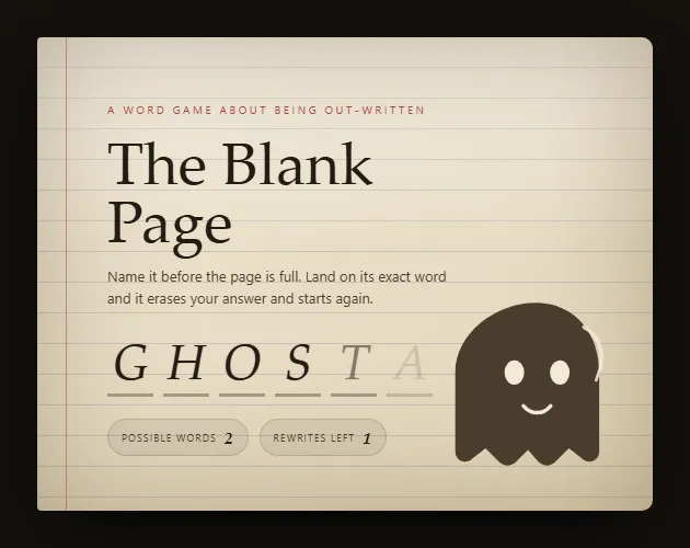 The Blank Page title card: the word GHOST being written on lined paper beside a brown ghost, with possible words and rewrites left counters