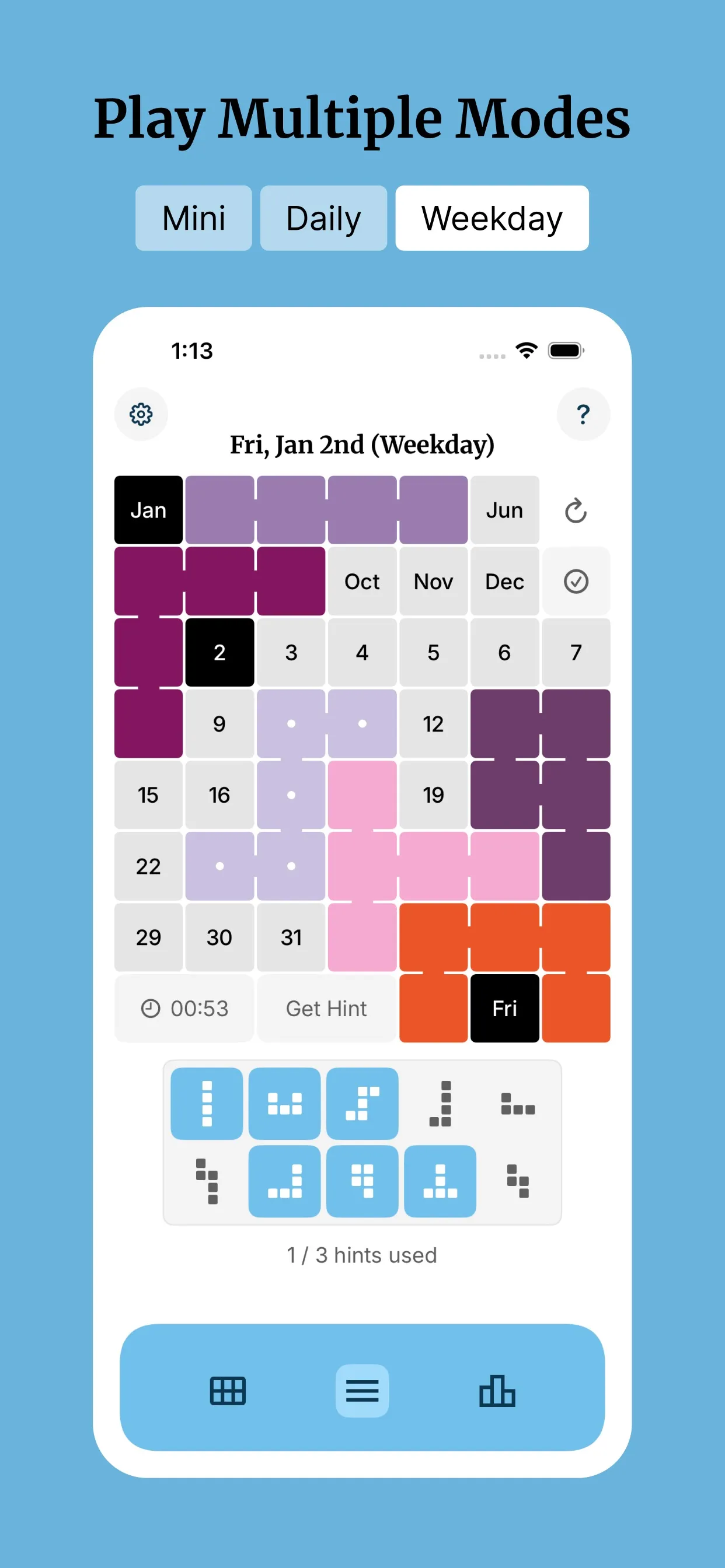 The Weekday board for Fri, Jan 2nd with months, days 1 to 31 and weekdays, partly filled with pieces, under the heading Play Multiple Modes: Mini, Daily, Weekday