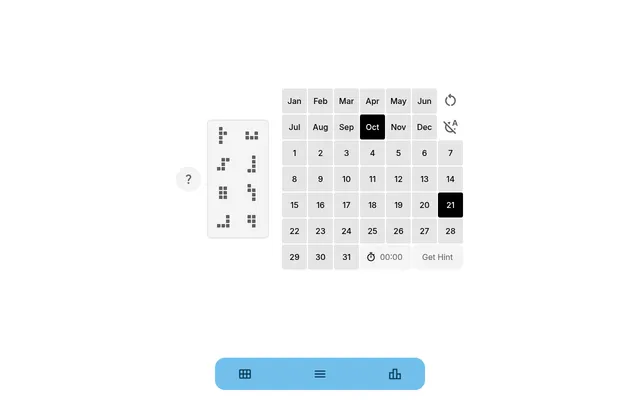 The Calendar Puzzle Daily board for 21 October in a desktop browser: Oct and 21 marked on the calendar grid, the shape bank of eight pieces beside it, timer and Get Hint