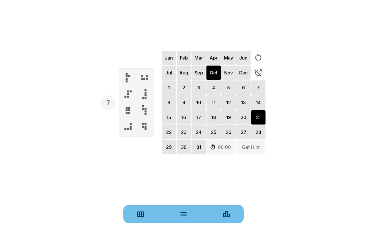 The Calendar Puzzle Daily board for 21 October in a desktop browser: Oct and 21 marked on the calendar grid, the shape bank of eight pieces beside it, timer and Get Hint