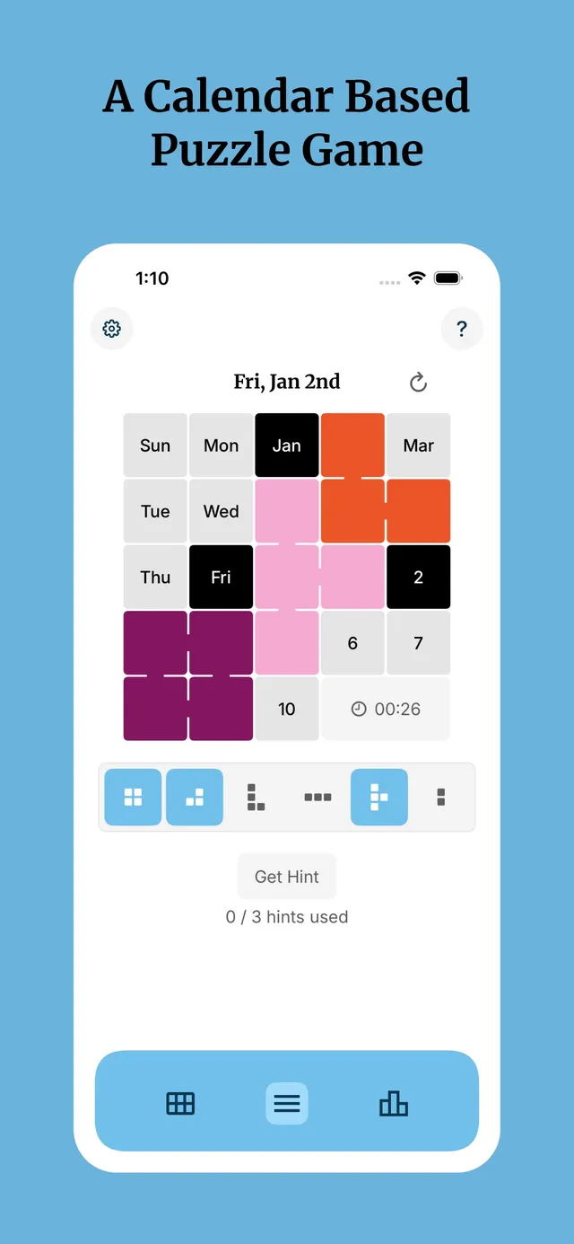 The Calendar Puzzle Mini board for Fri, Jan 2nd: coloured pieces fill the grid leaving Jan, Fri and 2 uncovered, with a timer at 00:26 and the shape bank below
