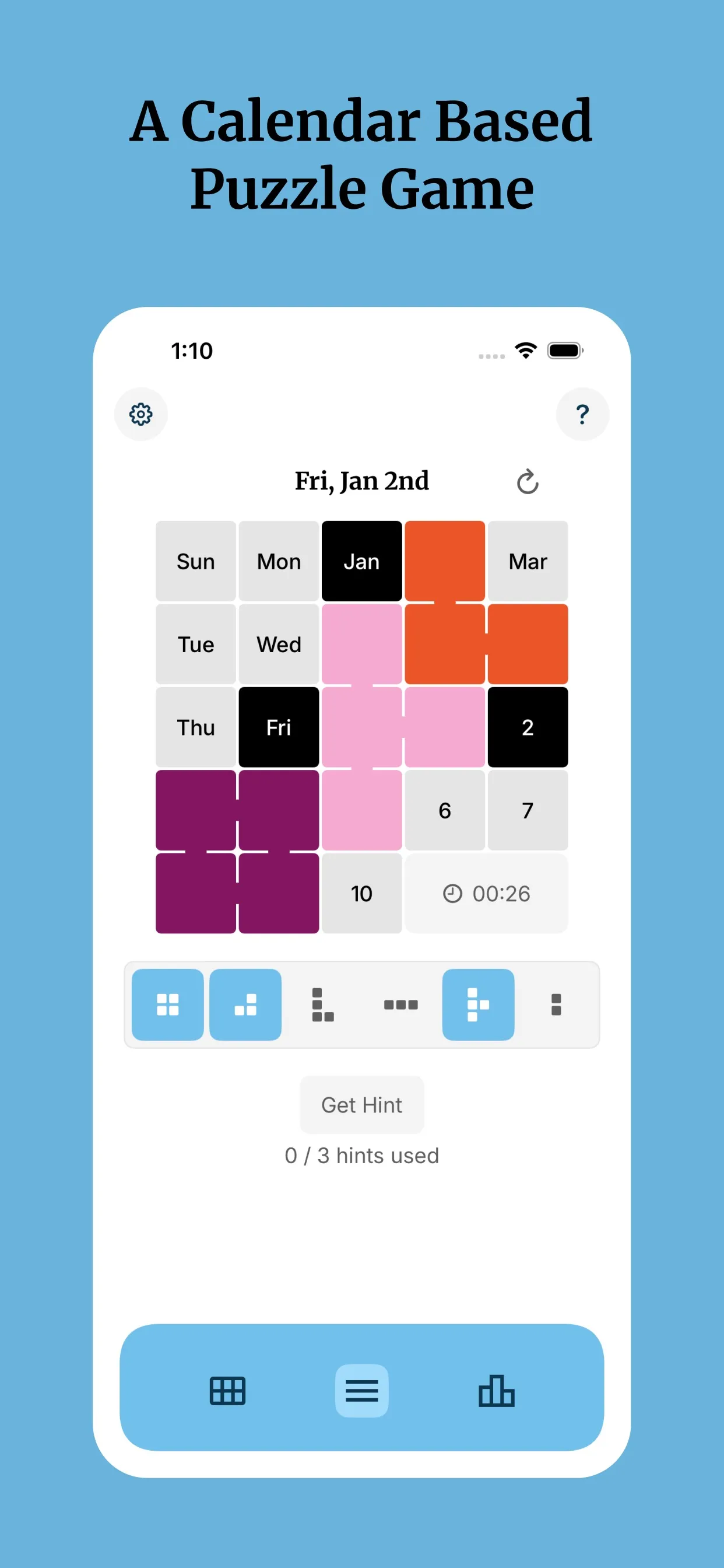The Calendar Puzzle Mini board for Fri, Jan 2nd: coloured pieces fill the grid leaving Jan, Fri and 2 uncovered, with a timer at 00:26 and the shape bank below