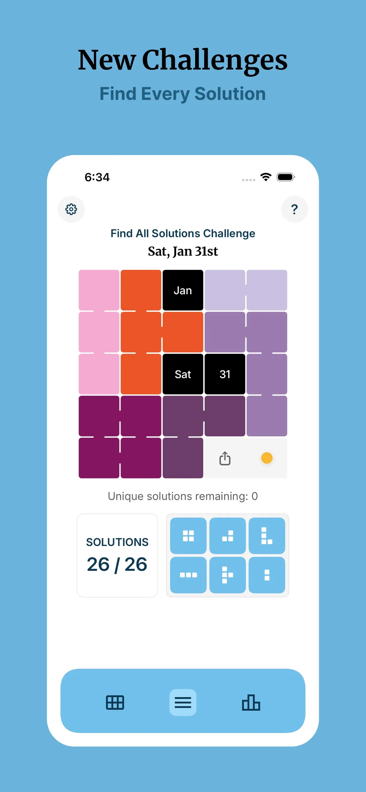 The Find All Solutions Challenge for Sat, Jan 31st: a solved board showing 26 of 26 solutions found