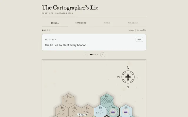 The Cartographer's Lie, Chart 278 for 5 October 2026: the first survey note The lie lies south of every beacon above an engraved hex chart with scree, reef and shoal hexes and a compass rose
