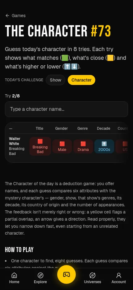 The Character #73 at phone size after one guess, Walter White, with the comparison table scrolling sideways