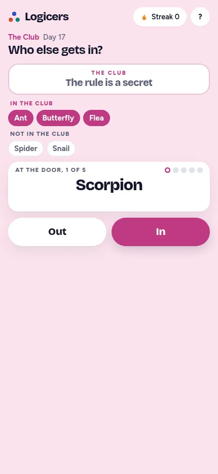 The Club, day 17 at phone size: the members, the non-members and Scorpion at the door, with large Out and In buttons