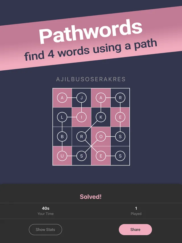 The Daily Baffle Pathword puzzle solved: a 4x4 letter grid with one path spelling four words, and a 40 second time