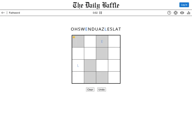 Today's Pathword board on The Daily Baffle: a 4x4 letter grid with a star at the start cell and the letter string to trace above it