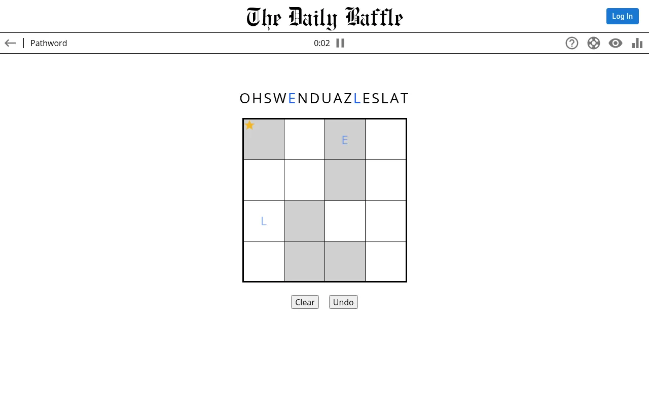 Today's Pathword board on The Daily Baffle: a 4x4 letter grid with a star at the start cell and the letter string to trace above it