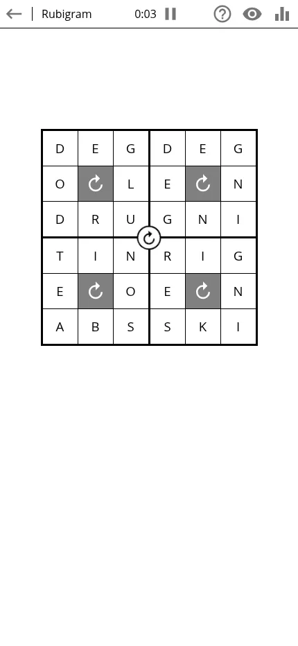 The Daily Baffle's Rubigram at phone size: four 3x3 letter blocks with rotate buttons, to be turned until every row and column is a word